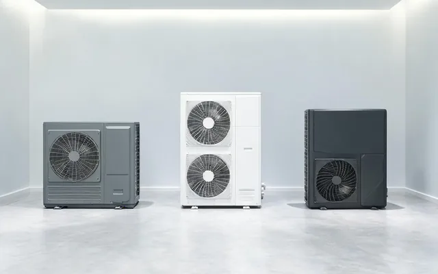 Trois unités extérieures de pompes à chaleur de designs différents exposées dans un atelier technique