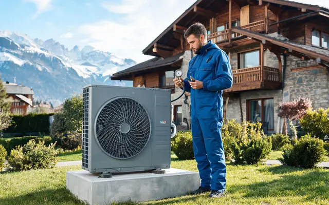 Technicien contrôlant une pompe à chaleur air-eau devant une villa valaisanne