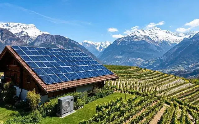 Panneaux photovoltaïques sur le toit d'une maison valaisanne et pompe à chaleur air-eau dans le jardin, autoconsommation à Sion