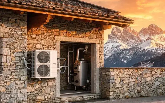Pompe à chaleur hybride installée sur une maison valaisanne, associée à une chaudière bois