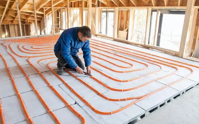 Pose de tubes de plancher chauffant basse température en serpentin sur une dalle isolée dans une maison à Sion